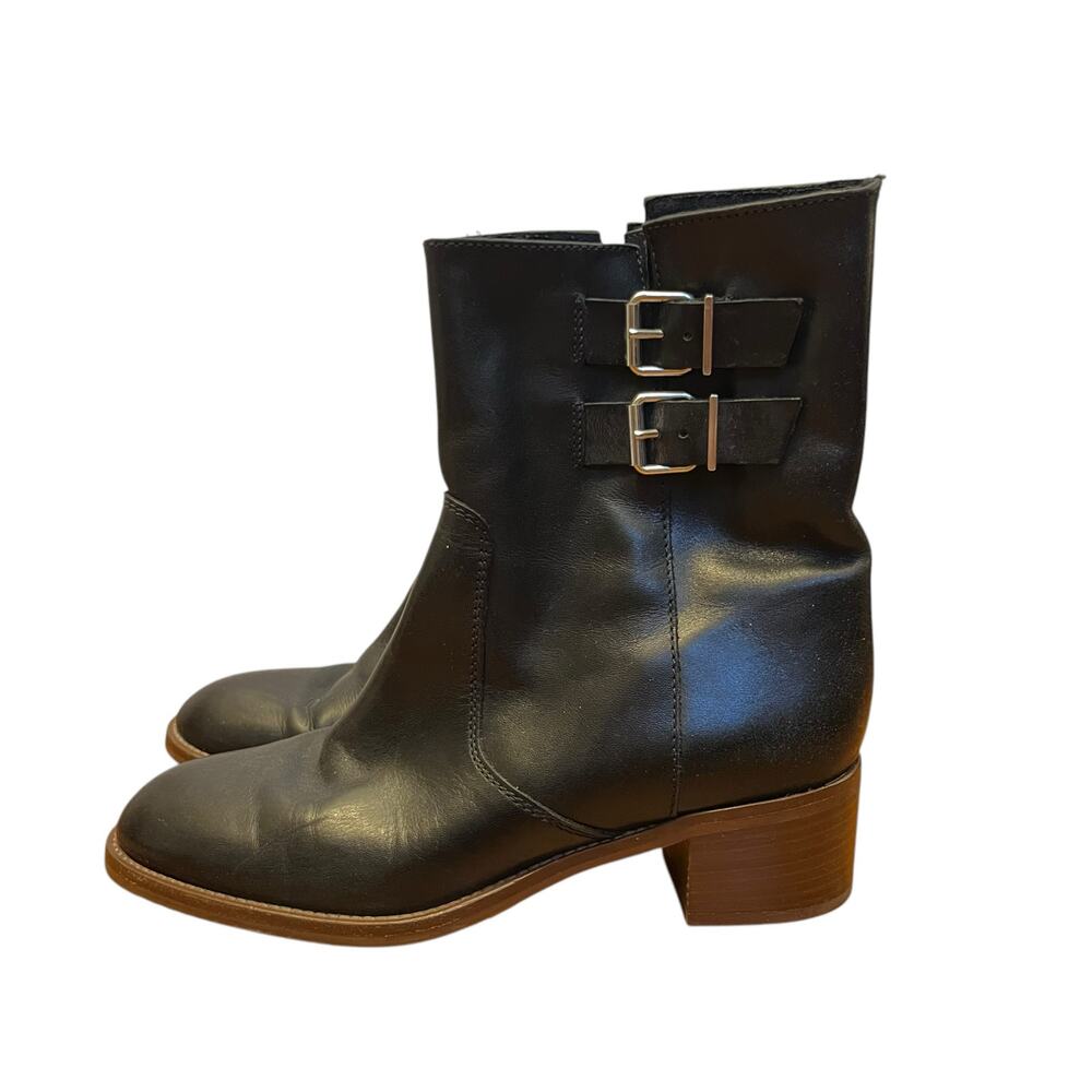 J.Crew Dean Black Leather Boots Silver Buckle Ankle Booties Mid Shaft Size 8.5